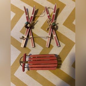 3 rustic wood Christmas ornaments-skis and a sled